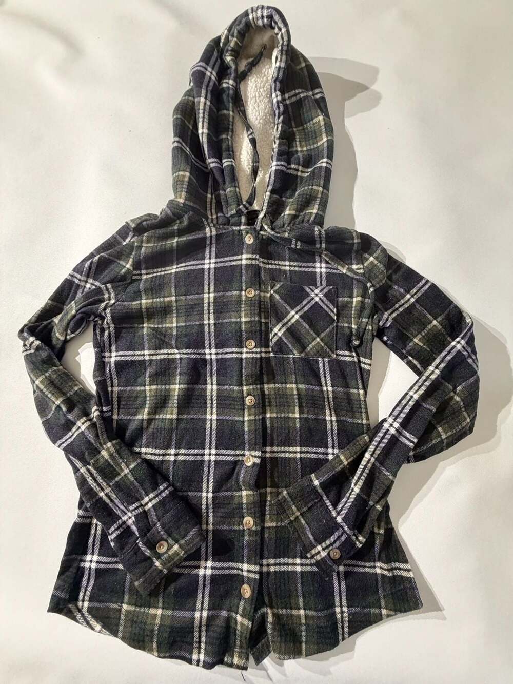 rue21 Green Plaid Sherpa Lined Hooded Flannel Jacket Shirt Womens XS